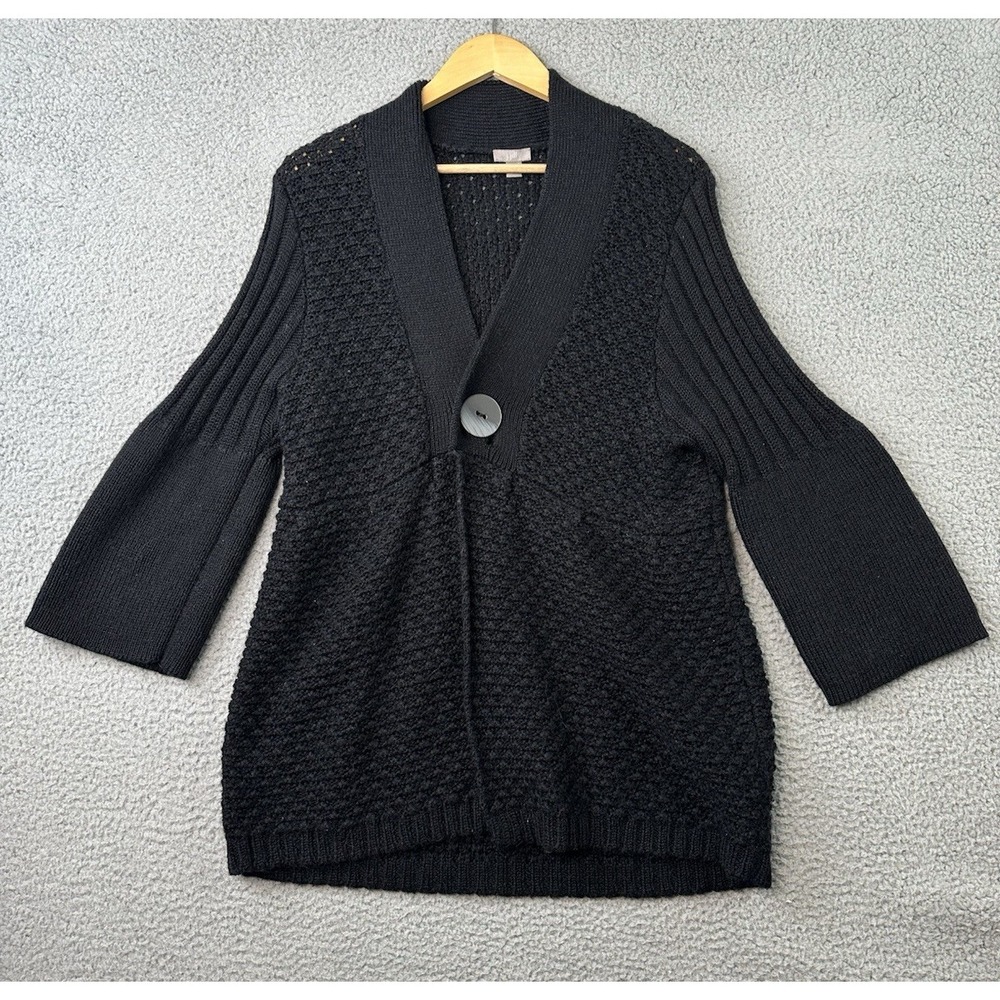 J. JILL One Button Cardigan Sweater XL Black Chunky Knit w/Wool & Alpaca